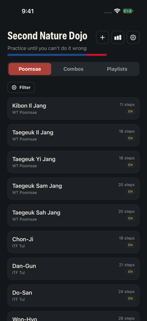 Library screen listing Taekwondo poomsae, with tabs for Poomsae, Combos, and Playlists