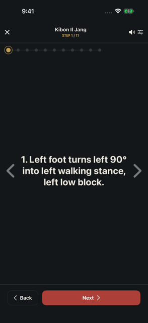 Practice screen mid-session, showing step 1 of 11 with Back and Next controls