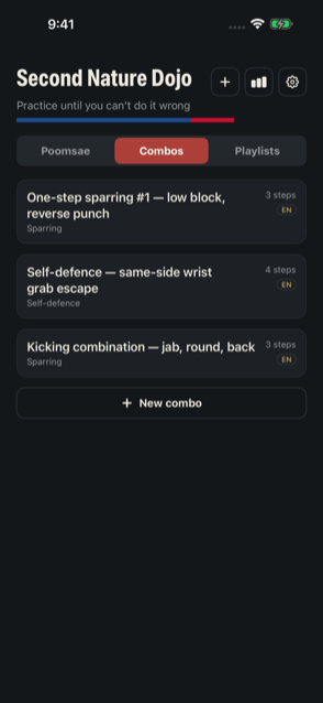Combos tab listing sparring drills and self-defence responses