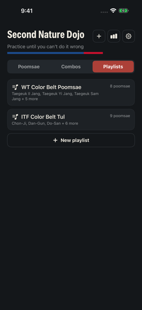 Playlists tab listing saved practice sequences